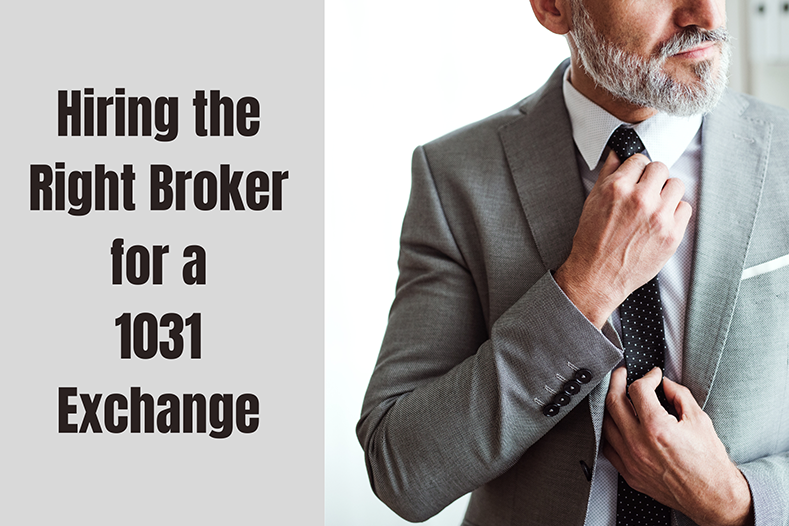 Man with a beard in a grey suit adjusting his black polkadot tie looking off to the right of the image. Text to his left says "Hiring the Right Broker for a 1031 Exchange"